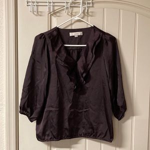 Ann Taylor Loft Petite Top Blouse V-neck Ruffles Elastic Bottom Hem Size S
